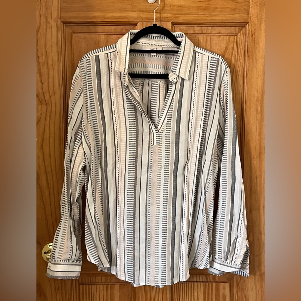 Loft Outlet Women’s XL Blouse Shirt Woven Gray Pink Stripe